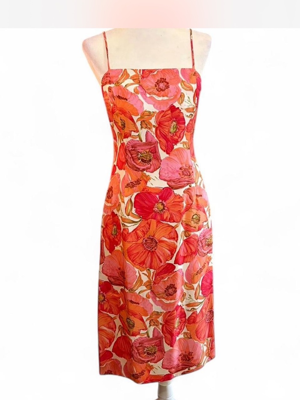 Ann Taylor 100% Silk Floral Slip Dress Pink Orange Poppy Print Spaghetti Strap